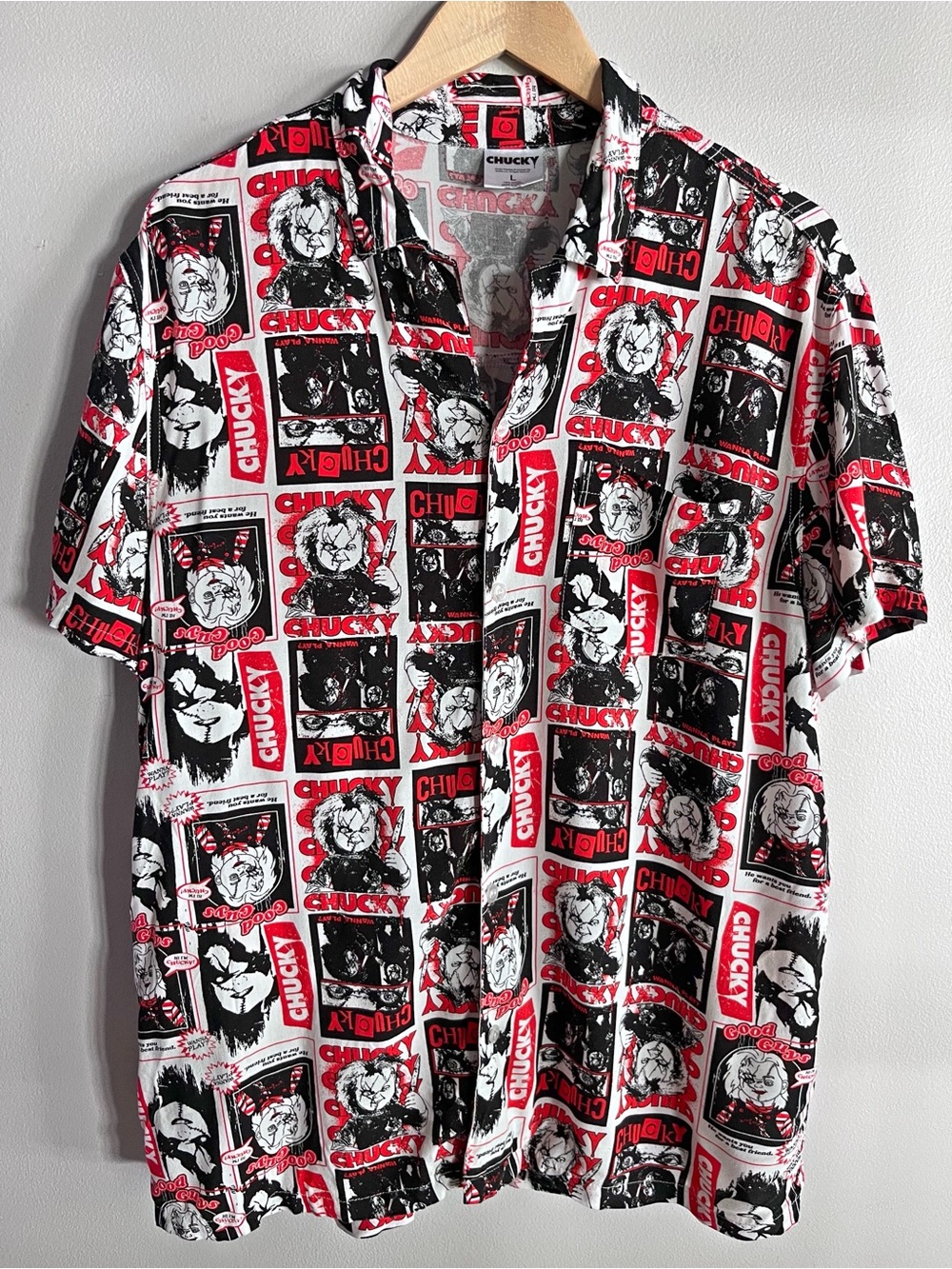 Chucky Horror Graphic Button Up Shirt Rayon Camp Collar Size L